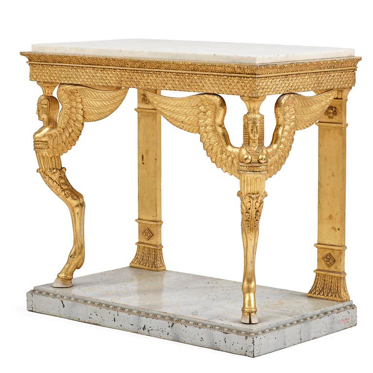 A late Gustavian giltwood console in the manner of J. Frisk, Stockholm, early 19th century.