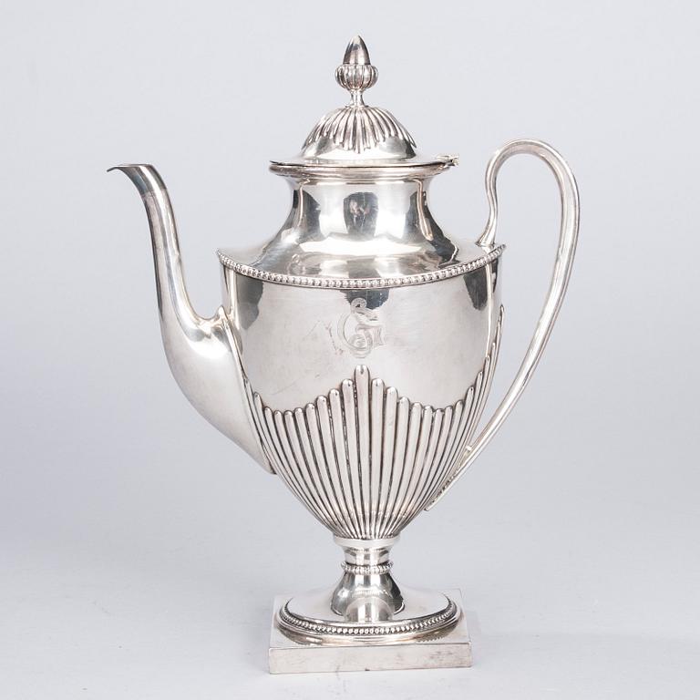 KAFFESERVIS, 3 delar, försilvrad metall, empirestil, 1900-talets första hälft.