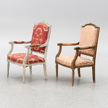 A pair of Louis XVI-style armchairs and a sofa, 20th century.