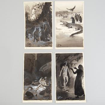 DAVID LJUNGDAHL, illustrationer, 8 st, tusch och täckvitt, signerade D. Ljungdahl. "Den andra djungelboken".