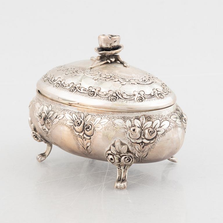 Sugar box, silver 830, Swedish import mark, and sugar tongs, sterling silver, Georg Jensen, Denmark.