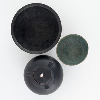 Bowls, a pair, and an oil lamp, by Ulrika Wallin among others, circa 2000.