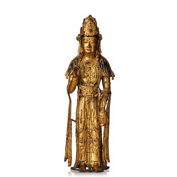 865. A standing cold pilt and lacquered bronze figure of Avalokiteshvara possibly Korea.