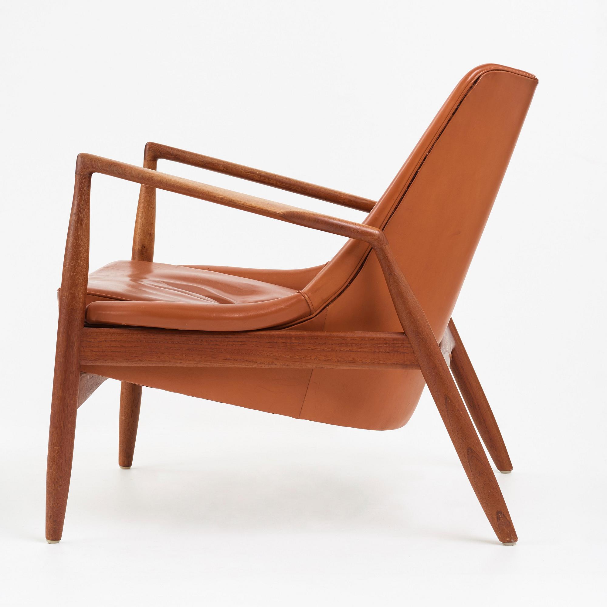 Ib Kofod-Larsen, a teak and brown leather "Seal" armchair, Olof Persons Fåtöljindustri (OPE), Sweden 1950's-60's.