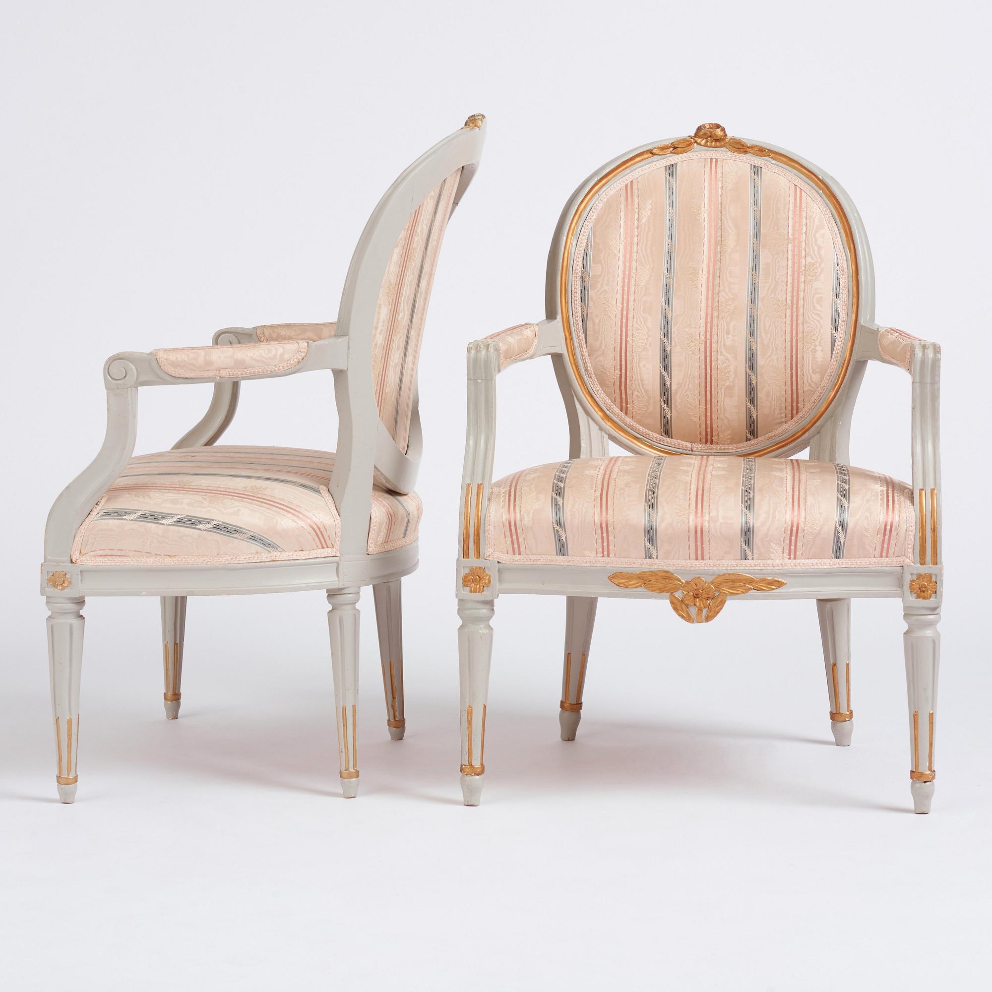 A pair of Gustavian carved armchairs, late 18th century.