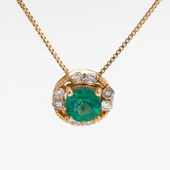 A pair of earrings and a chain ca 18K gold, and a pendant ca 14K gold with emeralds and diamonds ca 0.24 ct in total.