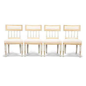 Four late Gustavian Stockholm chairs one signed EÖM  Erik Öhrmark turn of 18th/19th Century.