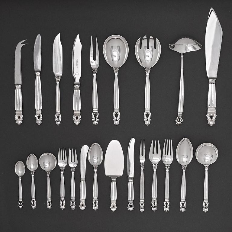 Johan Rohde, a set of 168 pcs of sterling and stainless steel "Acorn" flatware, Georg Jensen, Copenhagen post 1945.