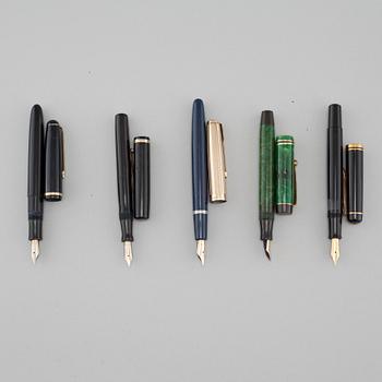 Five fountain pens by Ariso, Eversharp, Parker, Pelikan and Penol.