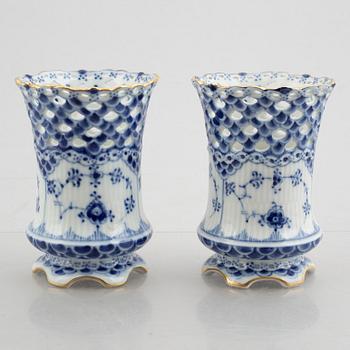 A group of three 'Blue fluted full lace' / 'Musselmalet' dishes and a pair of vases, Royal Copenhagen, 20th century.