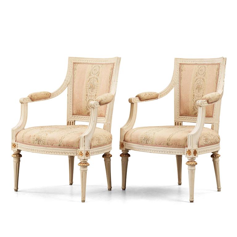 Ephraim Ståhl, A pair of Gustavian armchairs by av Ephraim Ståhl, master 1794.