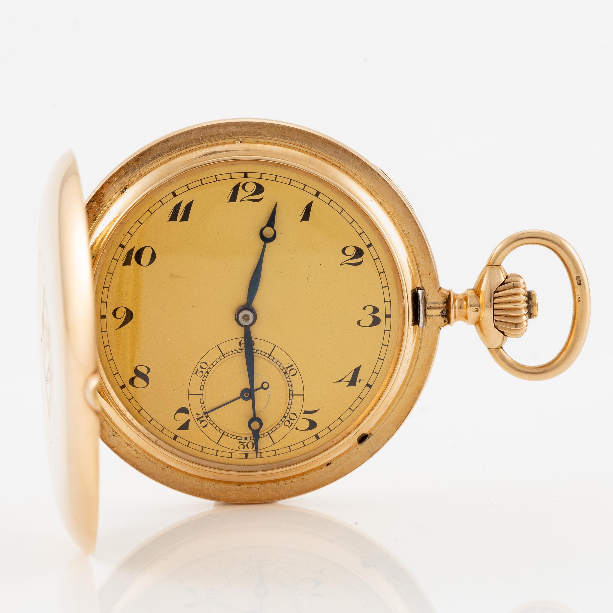 IWC, pocket watch, hunter, 14K gold, 52 mm.