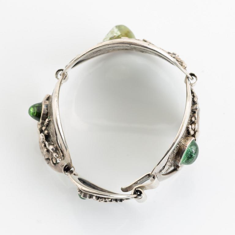 Valdres Solvsmie, silver and cabochon cut tourmaline bangle, Norway.