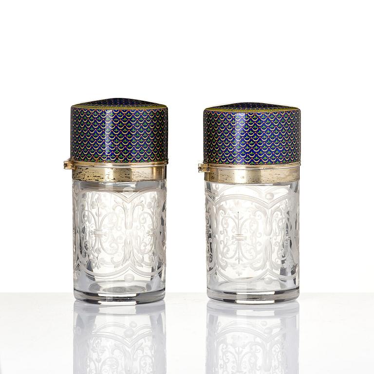 A pair of engraved and glass flacongs with gilt enamelled covers, France/Russia, 19th century.