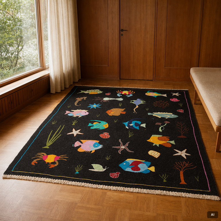 A hand-embroidered Kelim rug, c. 225 x 177 cm.