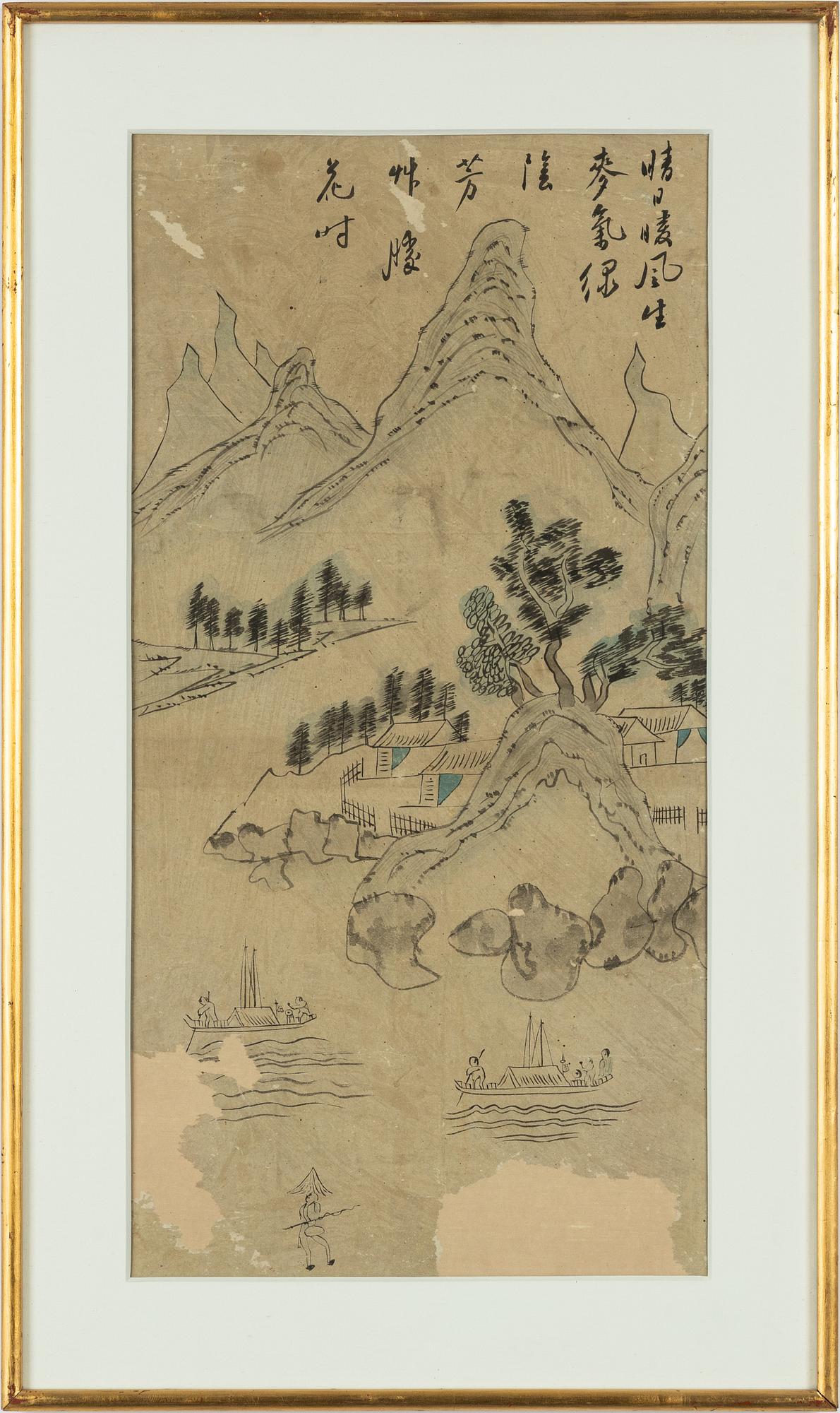 Oidentifierad konstnär, fyra stycken målningar, tusch och akvarell på papper, Korea, omkring 1900.
