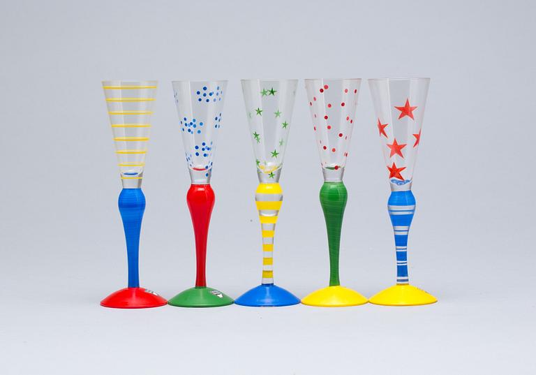 SNAPSGLAS, 5 st, glas, "Clown", Anne Nilsson, Orrefors.