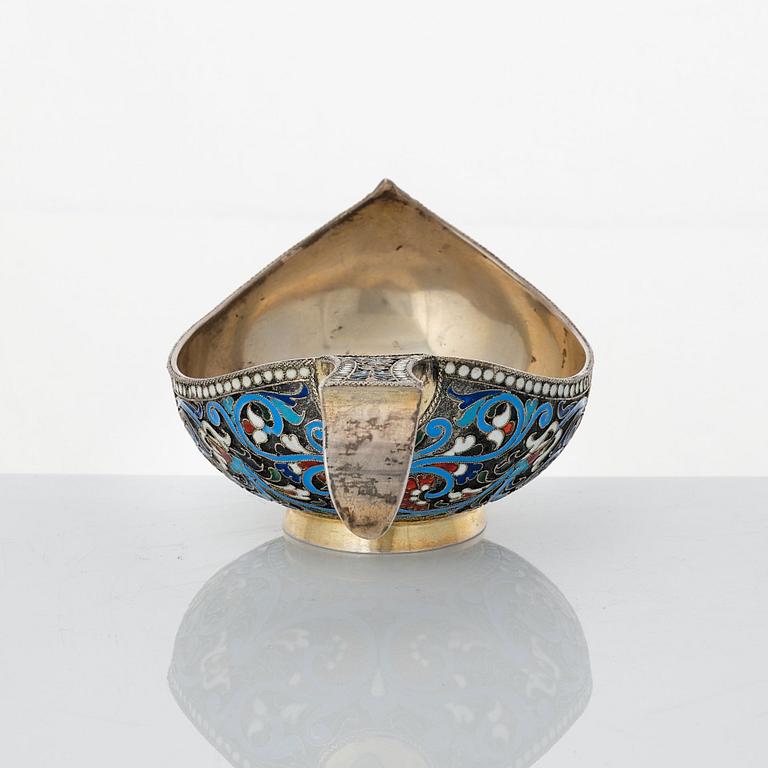 A Russian silver-gilt and cloisonné enameled kovsh, unidentified makers mark, St. Petersburg 1899-1908.