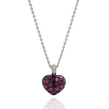 Necklace, 18K white gold, with a heart-shaped pendant in black rhodium-plated white gold set with rubies and brilliant-cut diamonds.