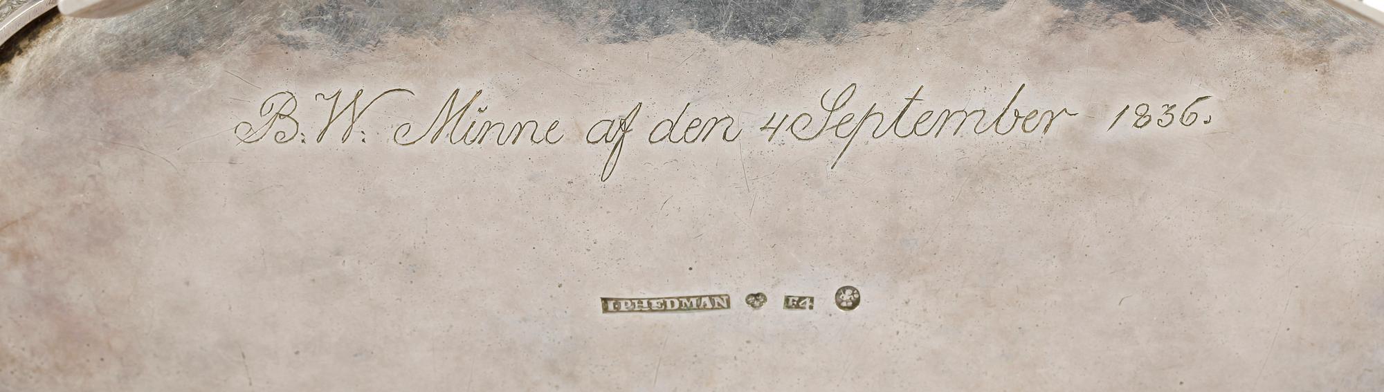 SOCKERSKRIN, silver, empire, Johan Petter Hedman, Norrköping, 1836. Vikt ca 619 g.