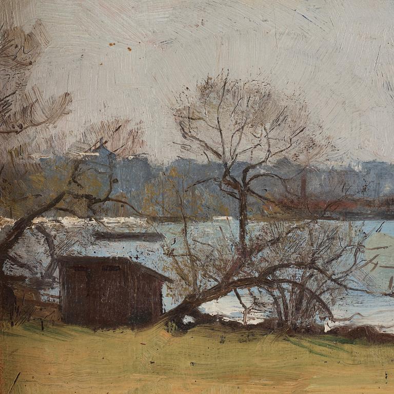 Vy från Djurgården (Ryssviken) mot Södermalm och Katarina kyrka.