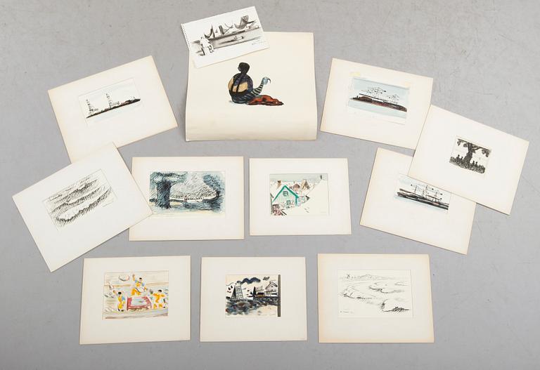 KURT JUNGSTEDT, 11 st, akvareller och tusch samt FÄRGLITOGRAFI, signerade, 1950/60-tal.