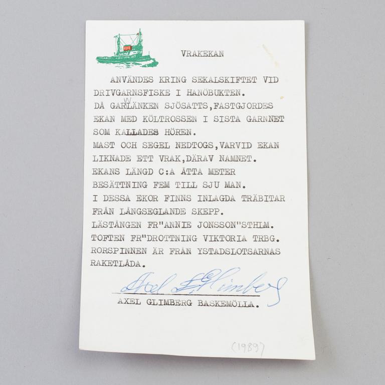 AXEL GLIMBERG, modellbåt, "Vrakeka", byggår 1989.