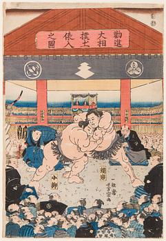 UTAGAWA YOSHIMUNE (1817-1880), färgträsnitt. Japan, 1850-tal. "Koyonagi vs Kaganiiva".