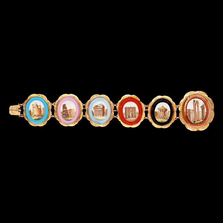 ARMBAND, mikromosaik på ovala plattor av glas med guldbård. Italien. Ca 1860-tal.