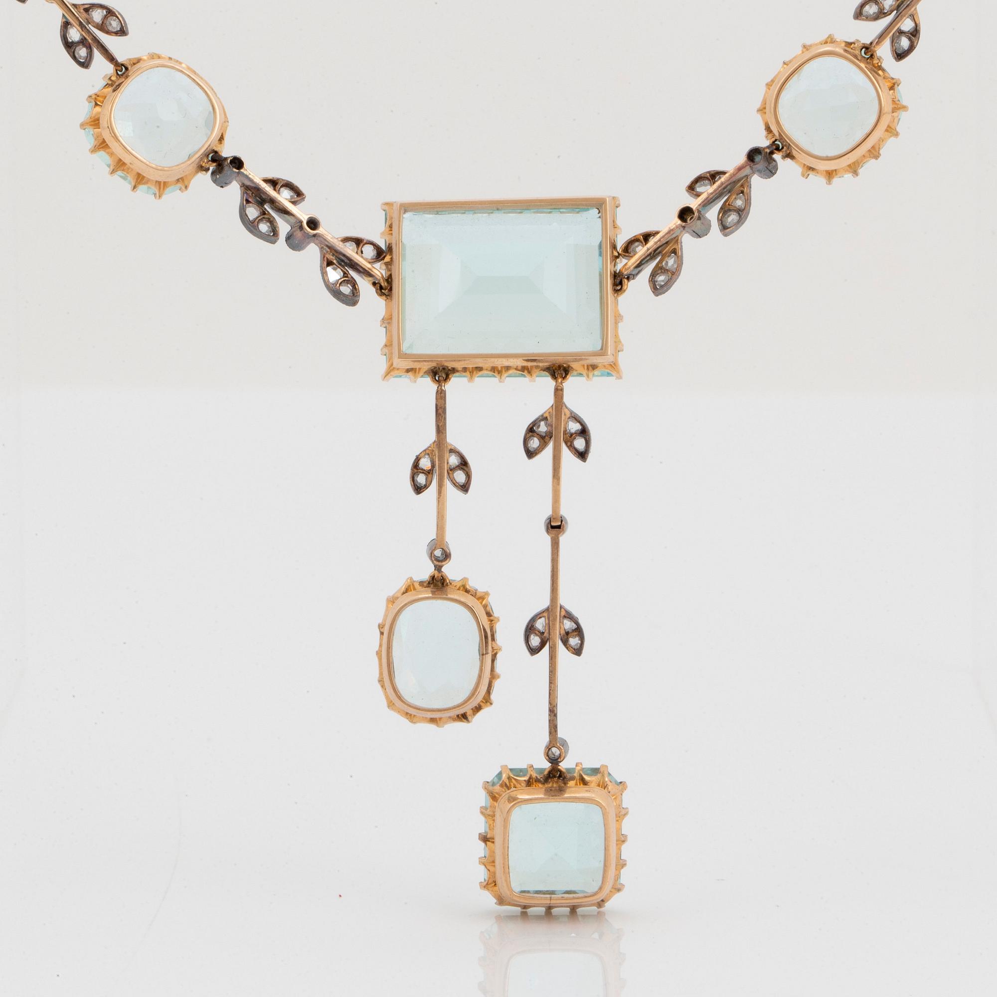 Collier silver och 14K guld med akvamariner och rosenslipade diamanter.