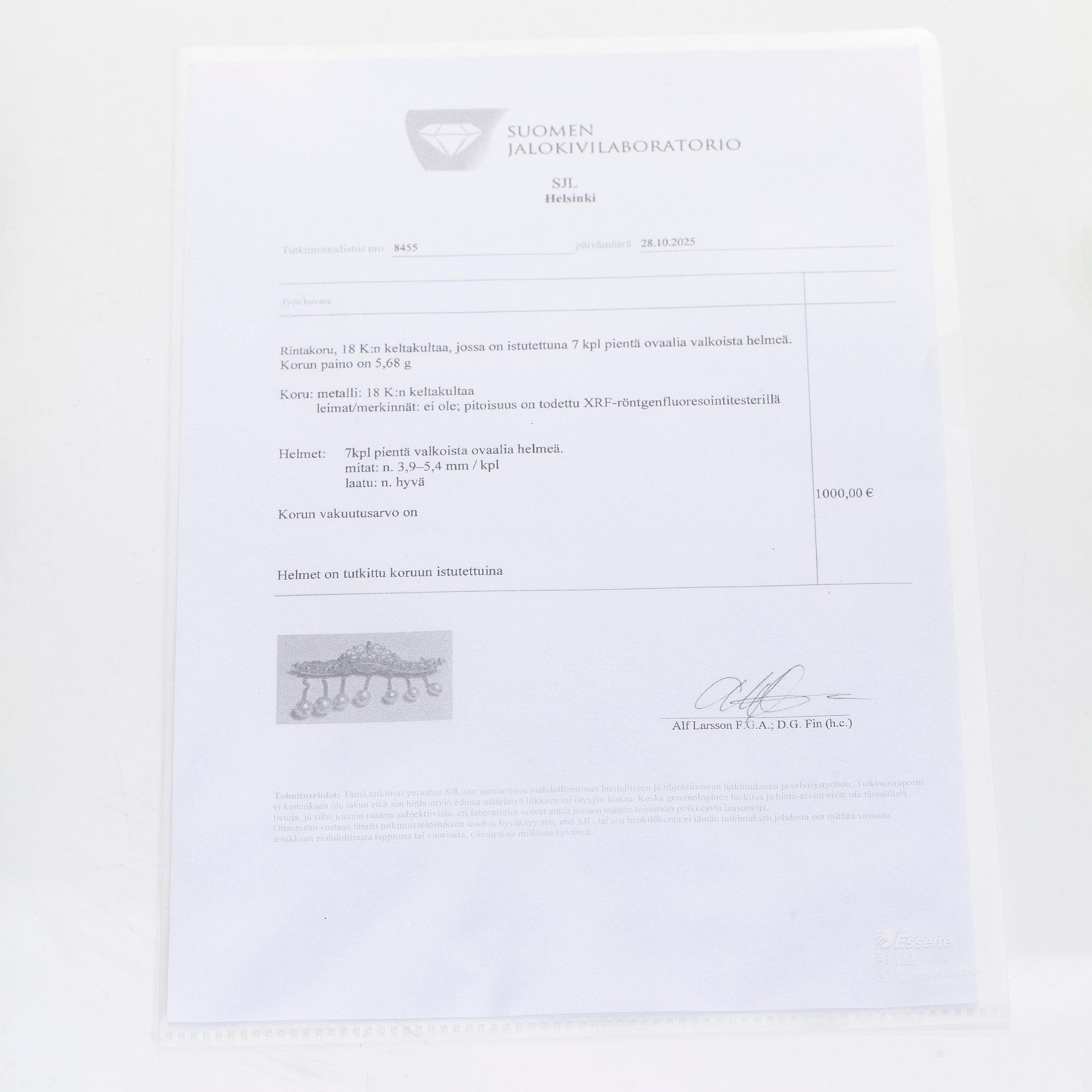 Rintaneula, 18K kultaa ja helmiä, mahdollisesti Venäjä.