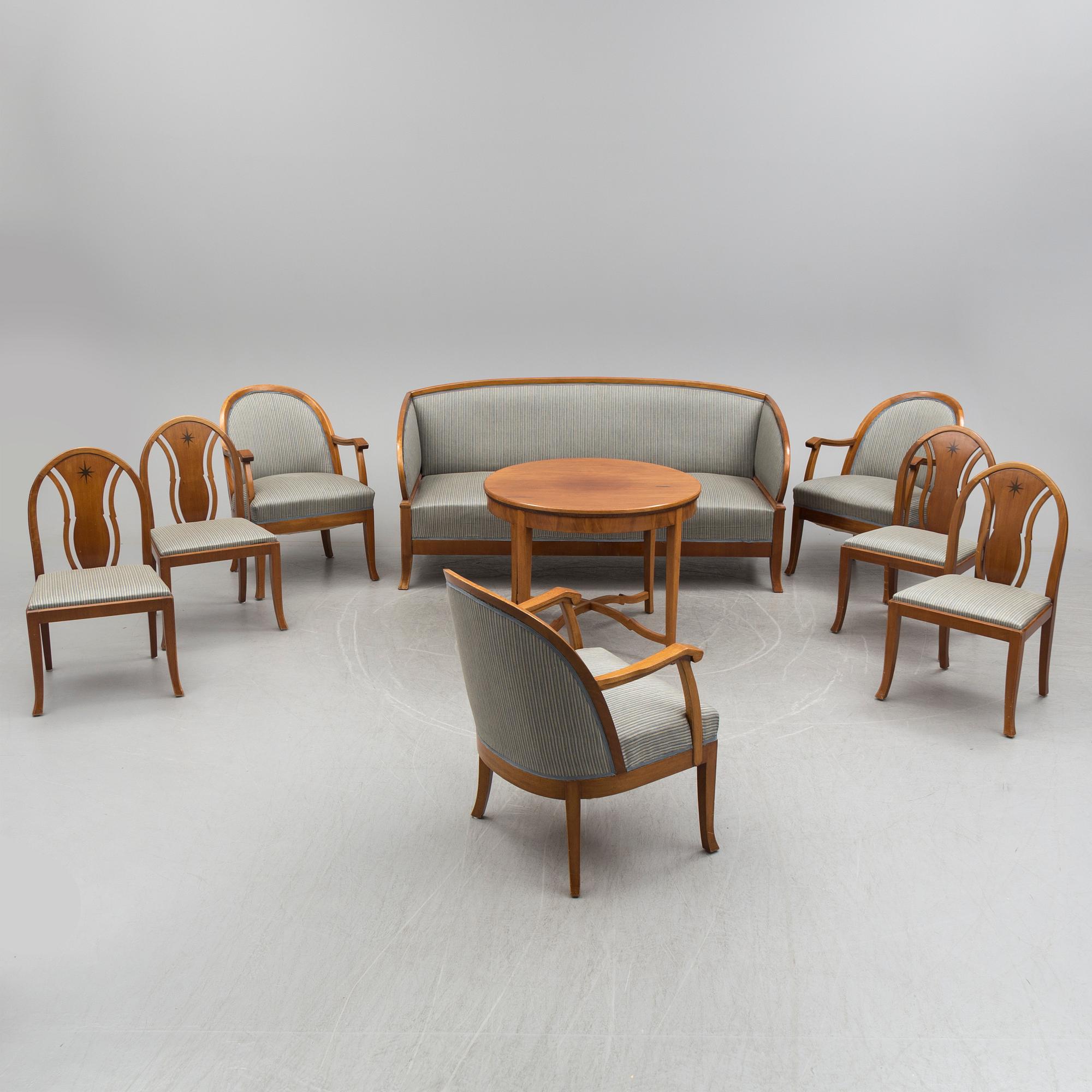 SOFA, TABLE AND FIVE CHAIRS, mid 20th century.