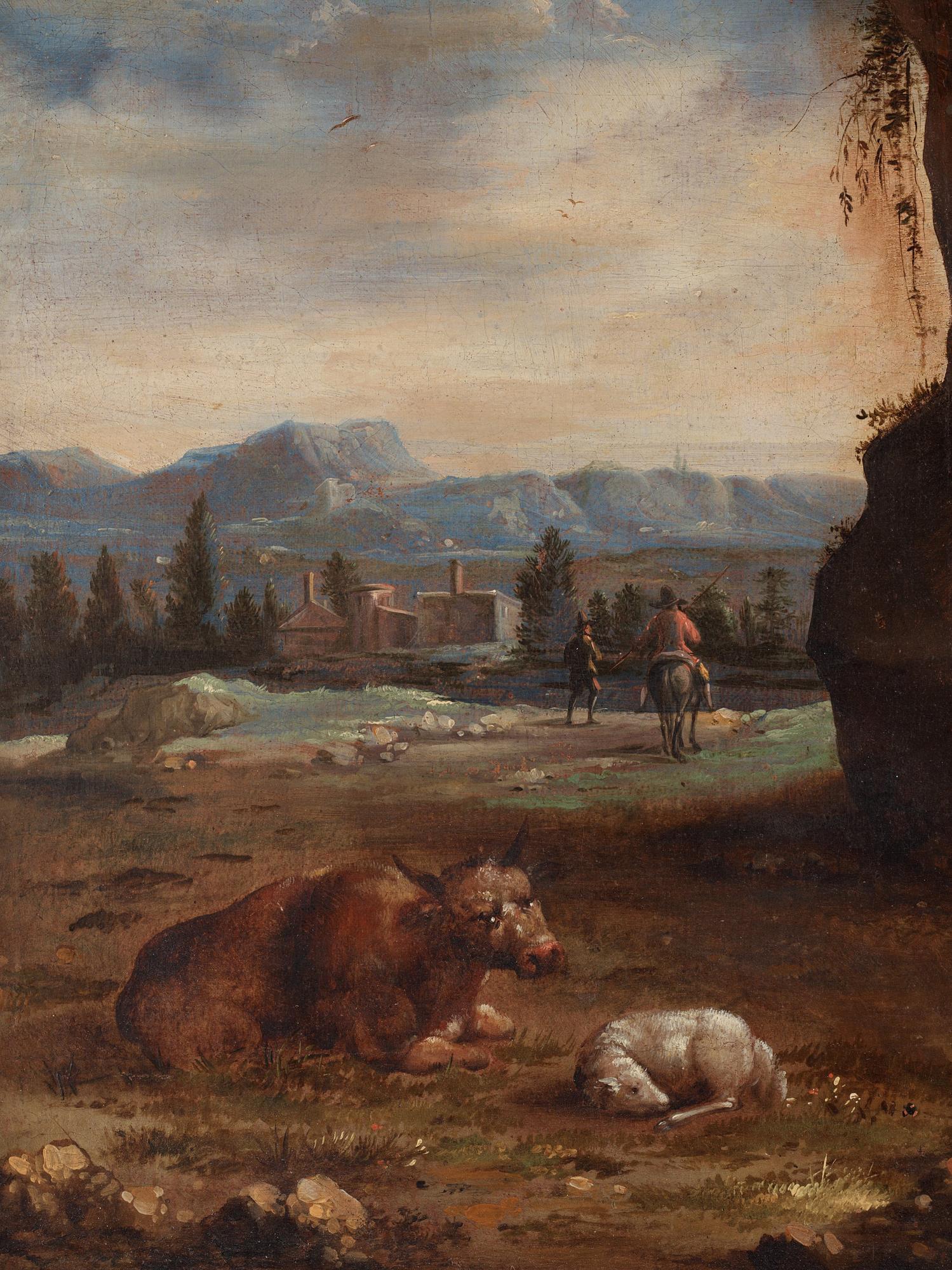 Jan Willemsz. Lapp, hans efterföljd, Arkaiskt landskap med rastande figurer och boskap.