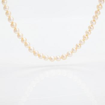 A pearl collier with cultured pearls, 14K gold clasp with ca. 0.045 ct of diamonds.