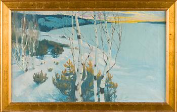 Helmi Biese, Snow-covered Village by Lake.