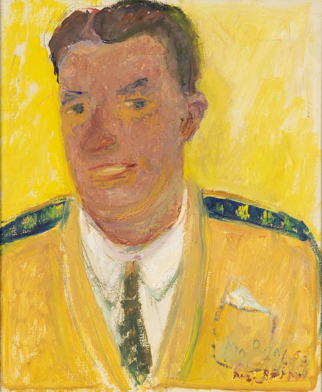 Maj Bring, Porträtt av man med gul bakgrund.
