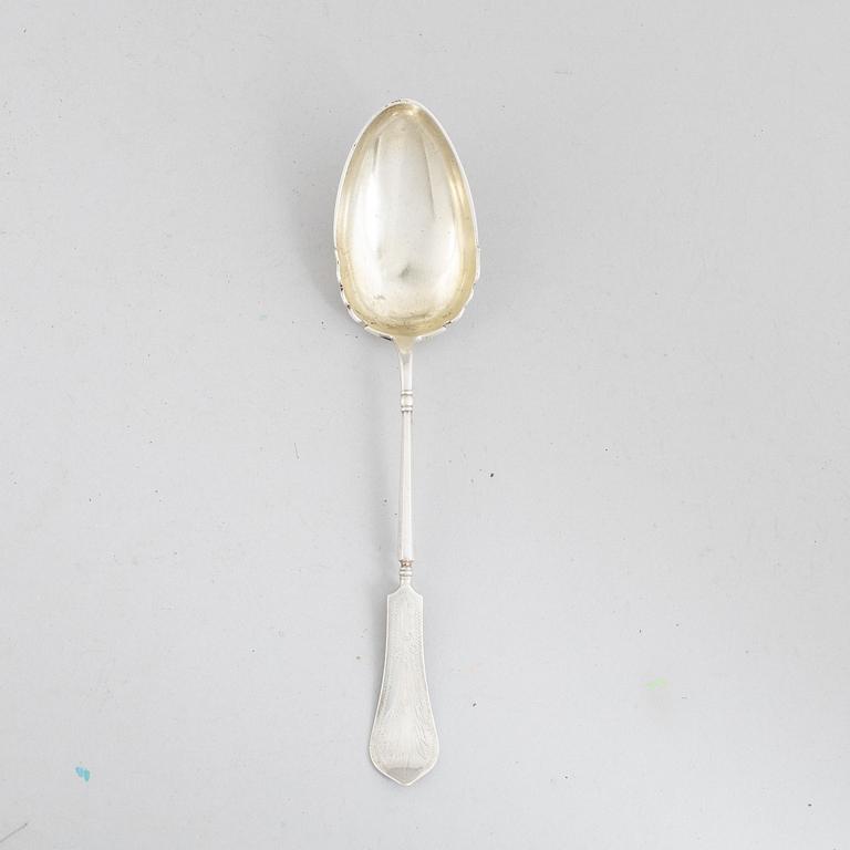 Two serving spoons, low-grade silver, 19th Century, possibly marks of Jacob Andreas Mort, Oslo (1796 - 1854) and of.