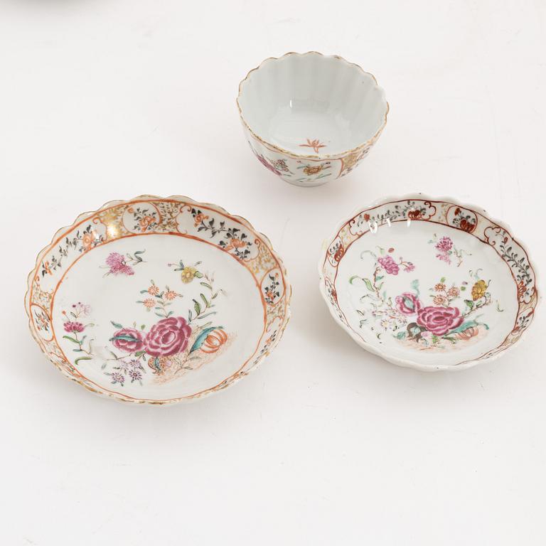 A group of five famille rose cups with saucers (2+2+1) and a saucer, Qing dynasty, Qianlong (1736-95).