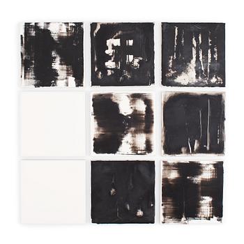 Alannah Robins, ink on tile plates, 9 pcs, signed on verso AR 2014.