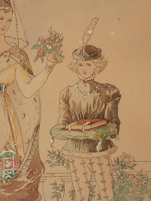 Elisabeth Sonrel, Dame de la Cour avec un bouquet de fleurs et son jeune serviteur.