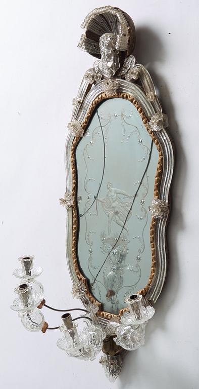 A pair of Venetian four-light girandole mirrors attributed to Briati family, circa 1730.