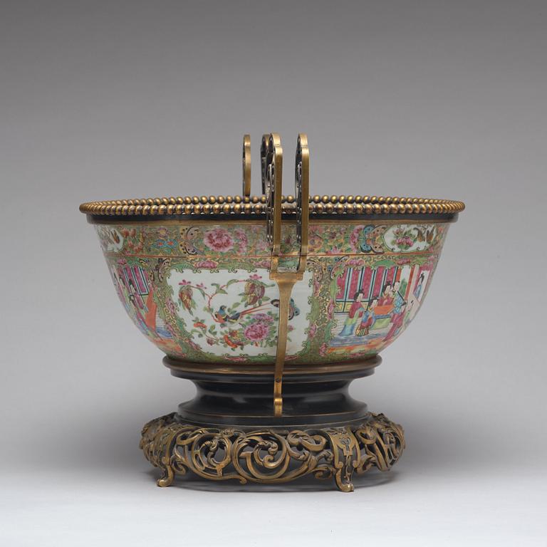 A large famille rose metal mounted Kanton punch bowl, Qing dynastin, 19th Century.