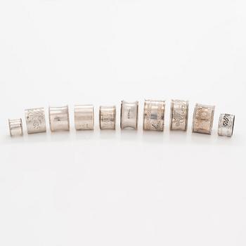 Servettringar, 10 st, silver, bl a England, Finland, Sverige, Ryssland m.fl. 1800-talets slut - 1900-talets mitt.