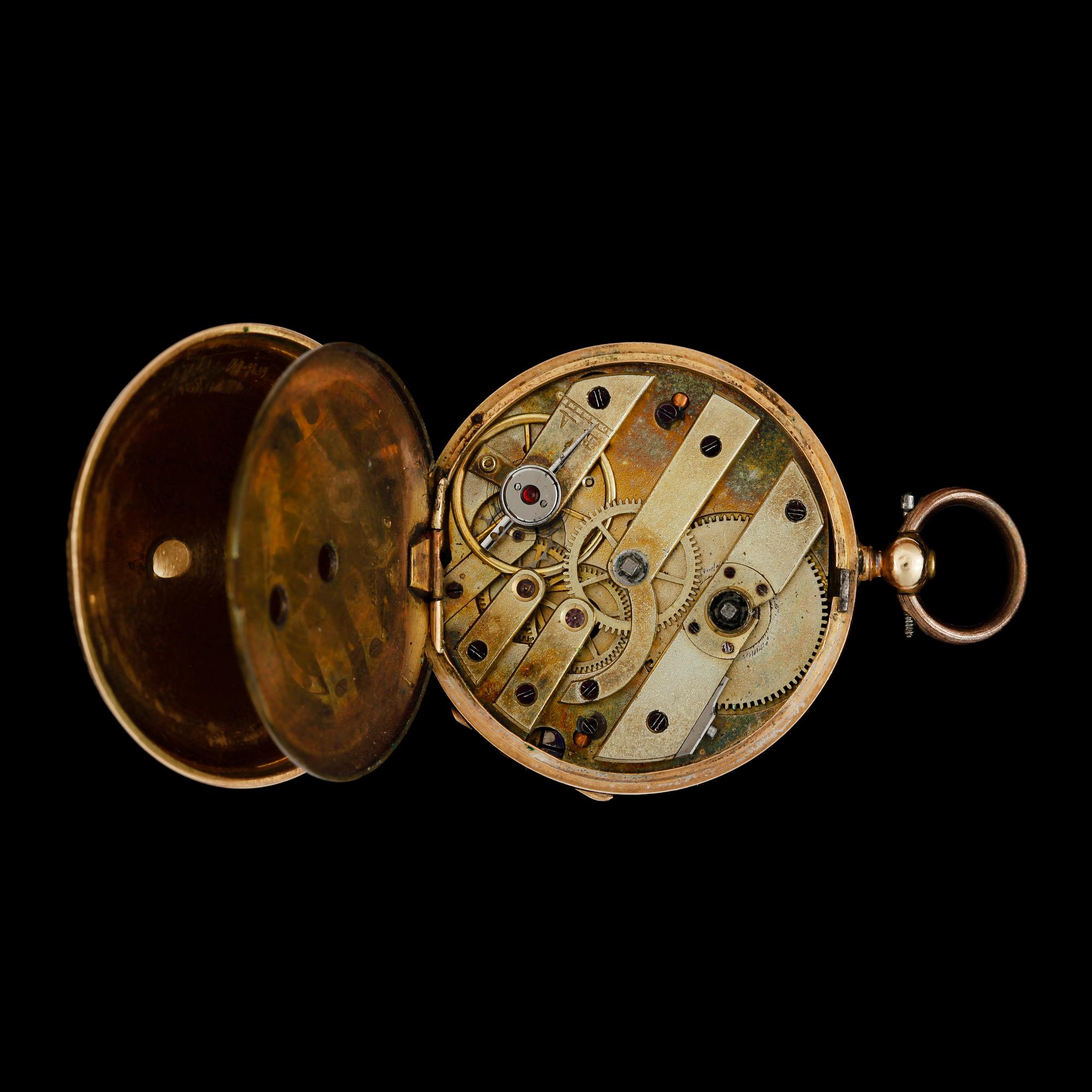 DAMFICKUR, guld 14k och emalj, sent 1800-tal. Tot ca 22 gram.