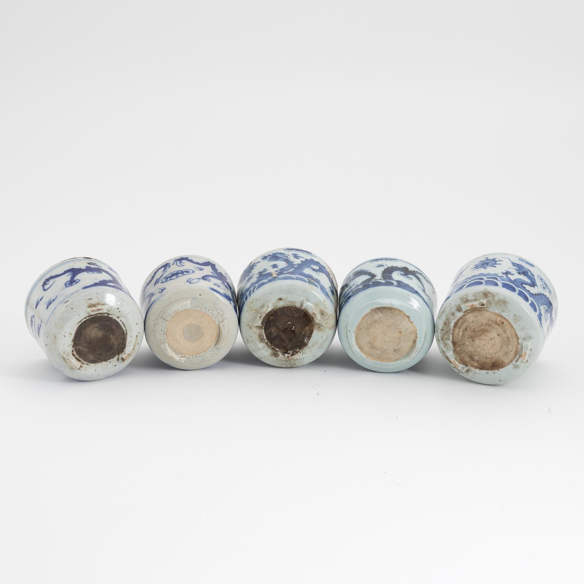 A group of five Chinese porcelain censer or flower pots, late Qing dynasty 19th Century.