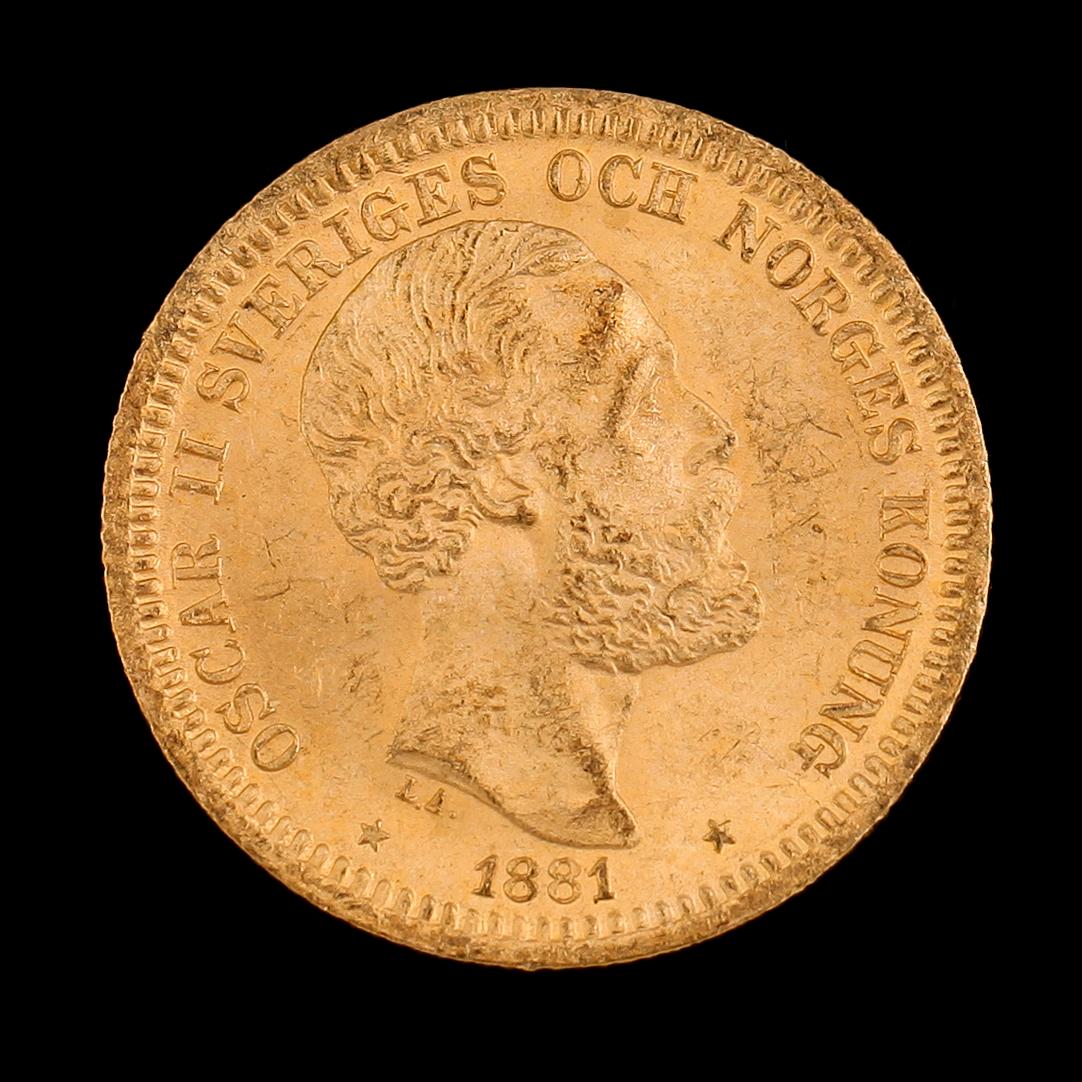 GULDMYNT, 20 kronor, Oscar II, 1881. Vikt ca 9 g.