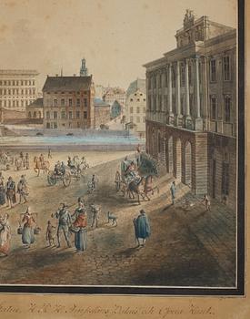 Johan Fredrik Martin, "Norrmalms Torg i Stockholm med Utsigt af K Slottet, K. Gustaf Adolphs Statüe, H.K.H. Prinsessans Palais o Opera Huset".