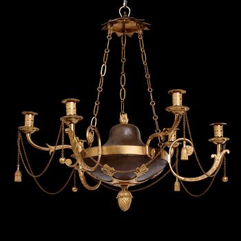 A late Gustavian ormolu and patinated bronze six-branch chandelier, Stockholm circa 1800.