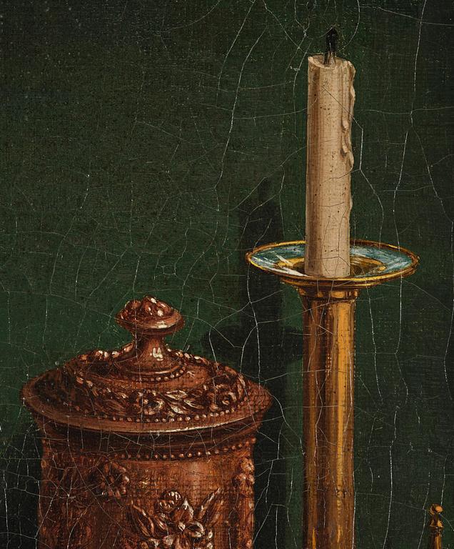 Unknown artist, possibly Scandinavia, mid-19th century, Still Life with chalk pipe, decanter, matches, and tobacco tin.