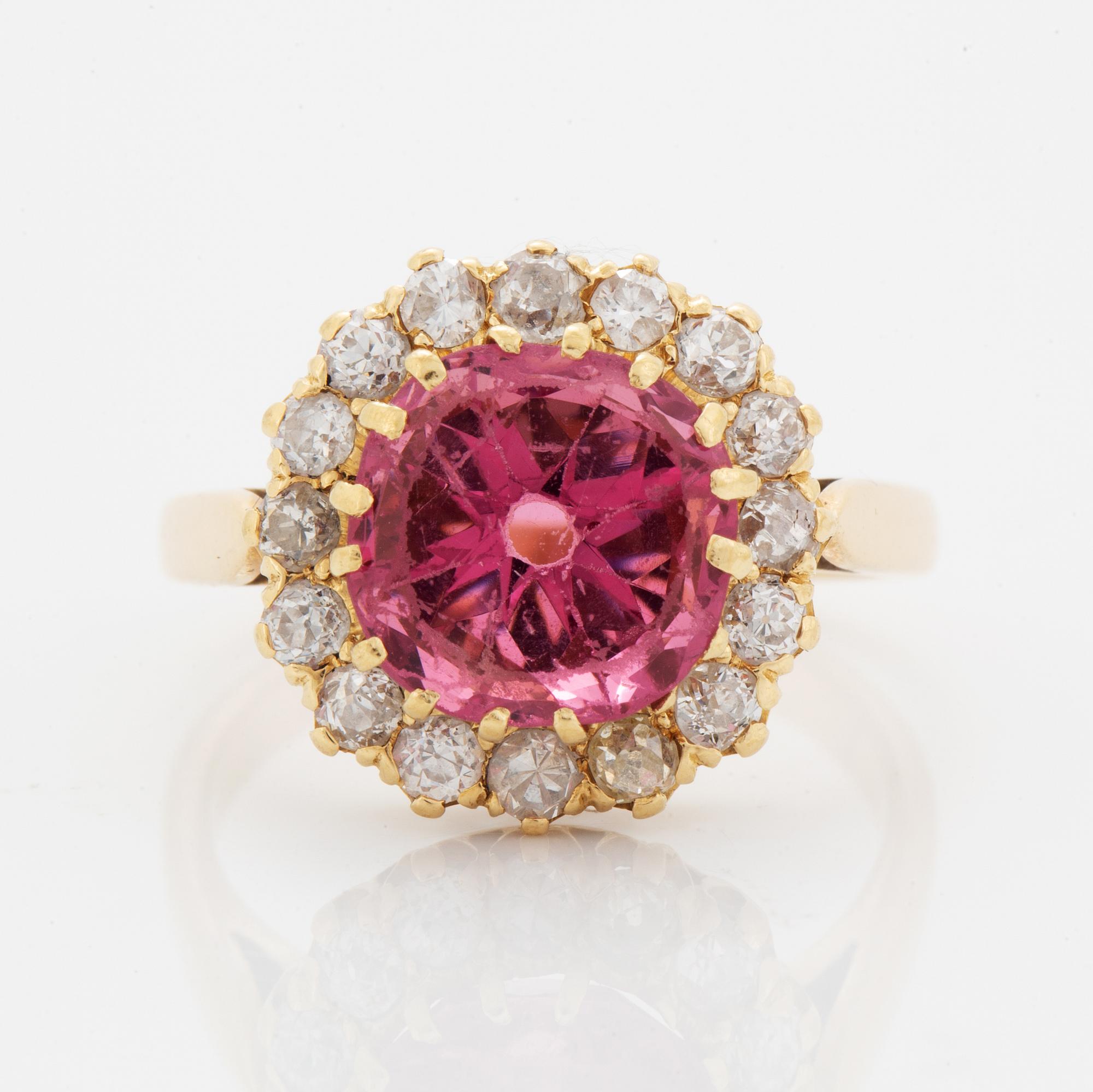 Pink spinel and old-cut diamond ring, French mark, early 1900's.